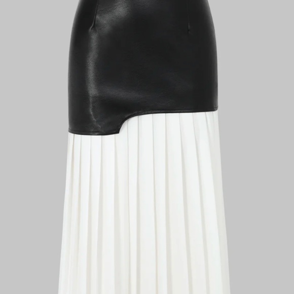 NWT Black White Asymmetric Patchwork Faux Leather Chiffon Pleated Midi Skirt - Picture 2 of 6